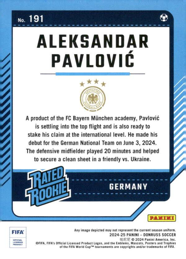 2024 Panini Donruss Aleksandar Pavlovic Rated Rookie RC #191 Germany