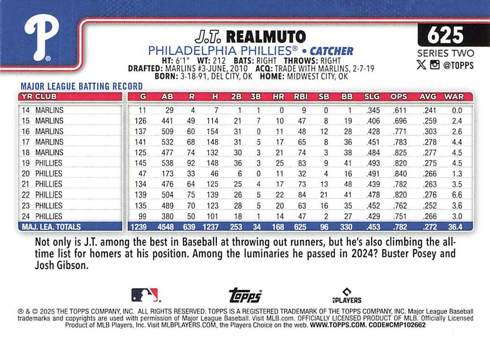 2025 Topps Series 2 J.T. Realmuto Philadelphia Phillies #625