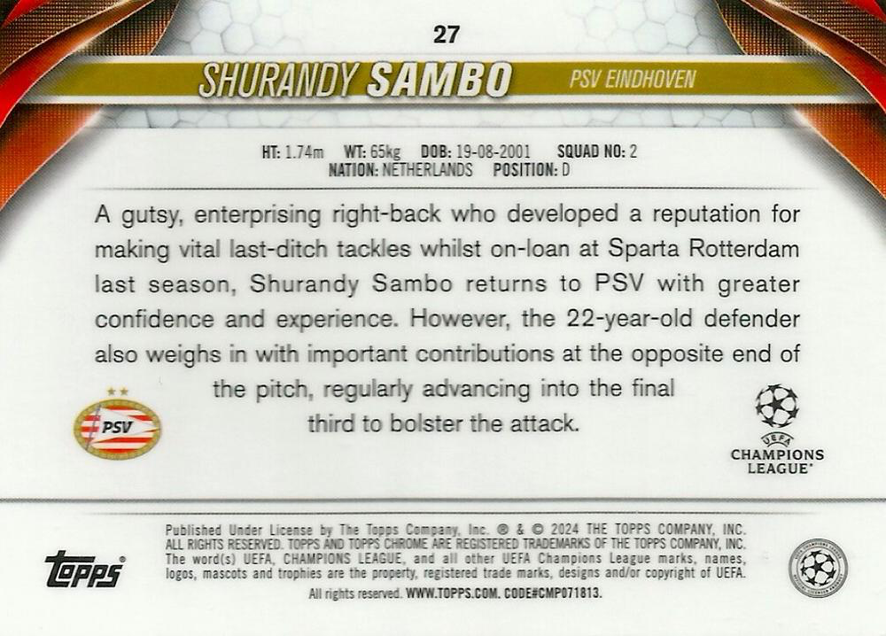 2023 Topps Chrome UEFA Club Competitions Shurandy Sambo RC #27 PSV Eindhoven