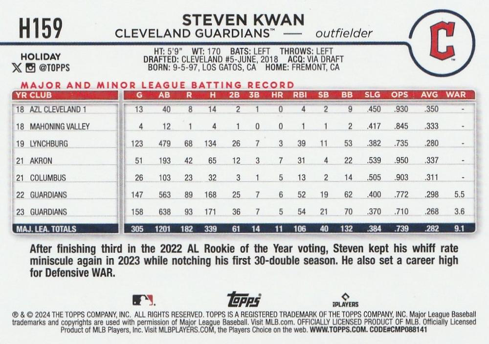 2024 Topps Holiday Steven Kwan Cleveland Guardians #H159