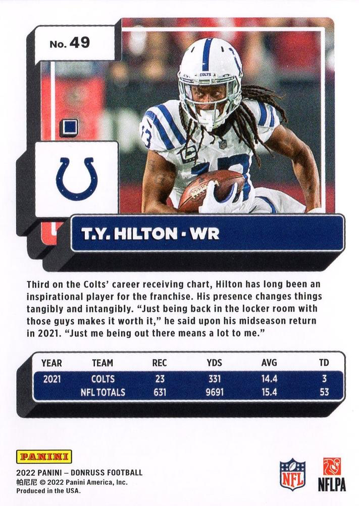 2022 Panini Donruss T.Y. Hilton #49 Indianapolis Colts
