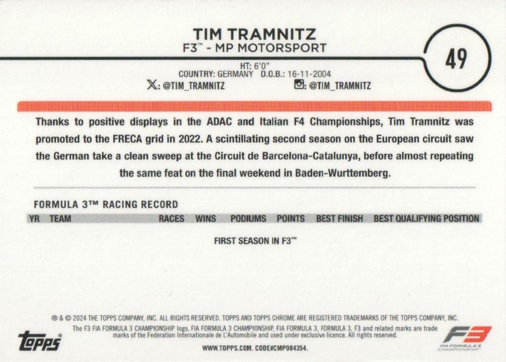 2024 Topps Chrome Formula 1 Tim Tramnitz F3D #49 MP Motorsport