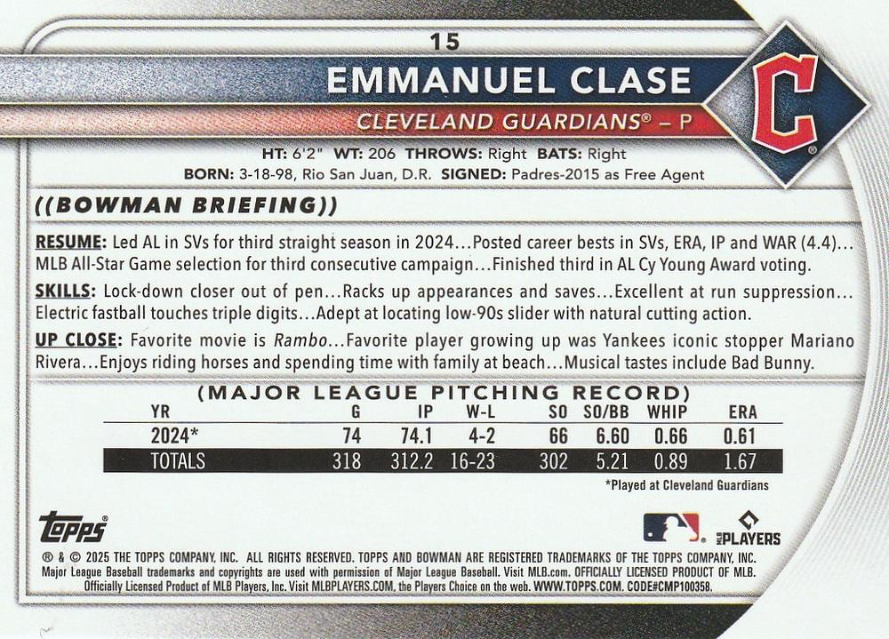 2025 Topps Bowman Emmanuel Clase Cleveland Guardians #15
