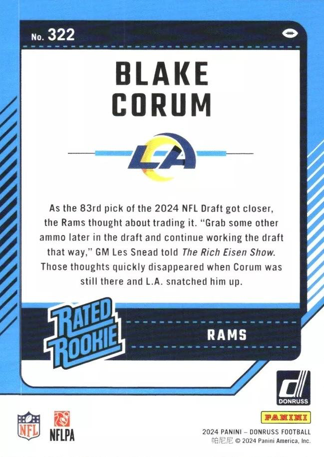 2024 Panini Donruss Blake Corum Rated Rookie RC #322 Los Angeles Rams