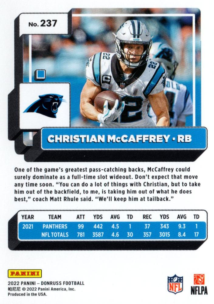 2022 Panini Donruss Christian McCaffrey #237 Carolina Panthers