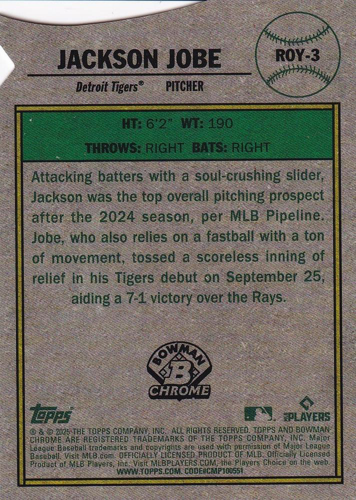 2025 Topps Bowman Rookie of the Year Favorites Jackson Jobe #ROY-3 Detroit Tigers