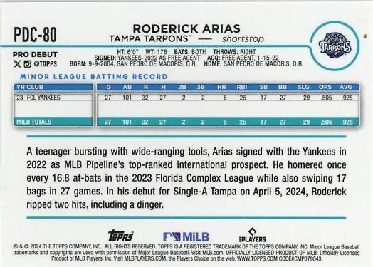 2024 Topps Pro Debut Chrome Refractor Roderick Arias #PDC-80 Tampa Tarpons