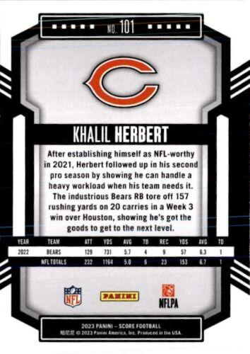 2023 Panini Score Football Khalil Herbert Chicago Bears #101