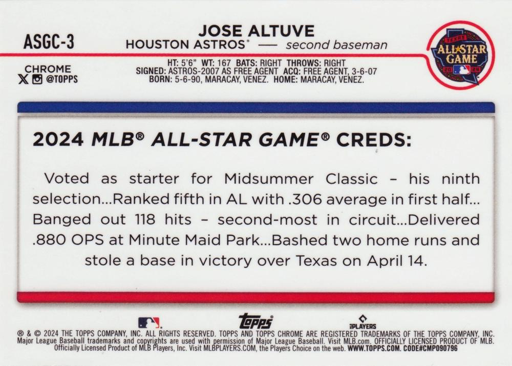 2024 Topps Chrome Update All Star Game Chrome Jose Altuve Houston Astros #ASGC-3