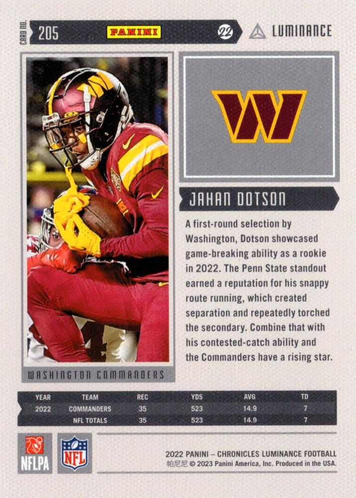 2022 Panini Chronicles Luminance Update Rookies RC Jahan Dotson #205 Washington Commanders