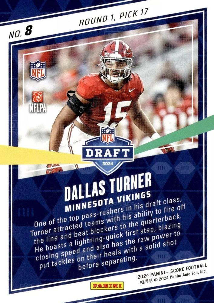 2024 Panini Score Football NFL Draft Dallas Turner Minnesota Vikings #8 RC