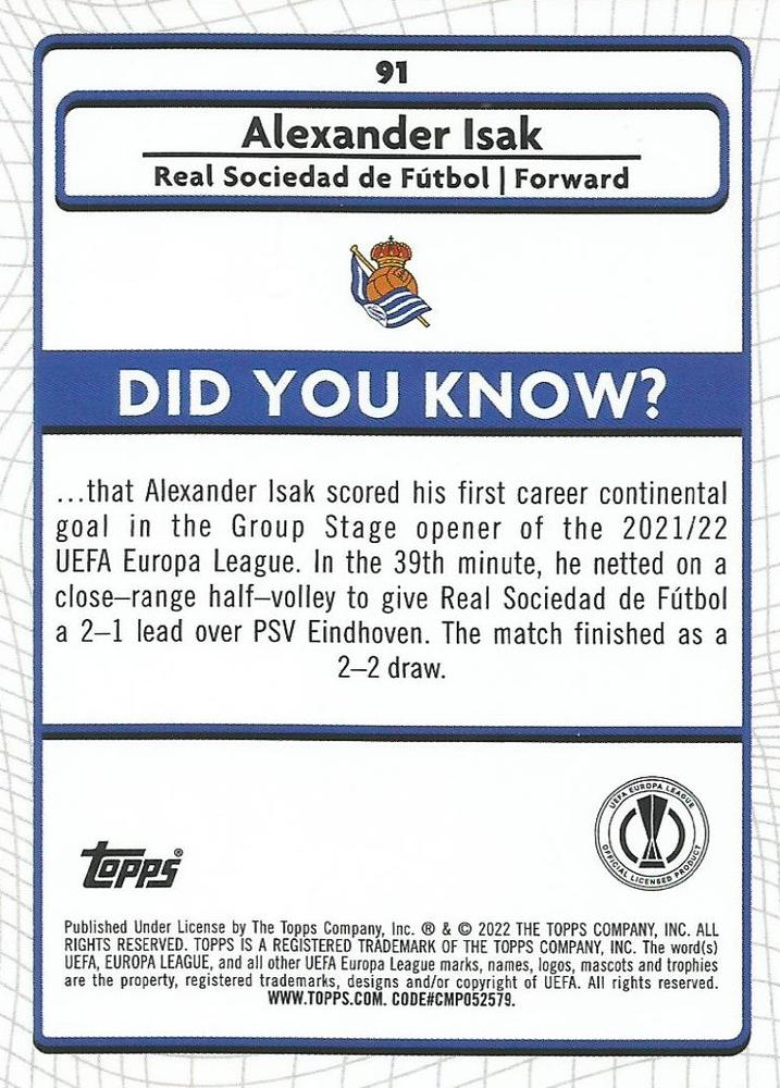 2021 Topps Merlin UEFA Club Competitions Alexander Isak #91 Real Sociedad