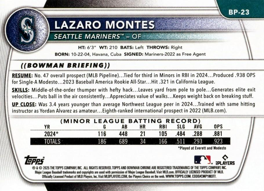 2025 Topps Bowman Prospects Lazaro Montes Seattle Mariners #BP-23