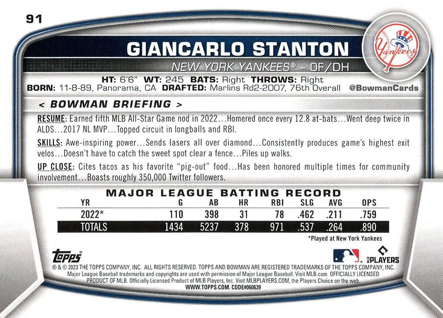 2023 Topps Bowman Giancarlo Stanton New York Yankees #91