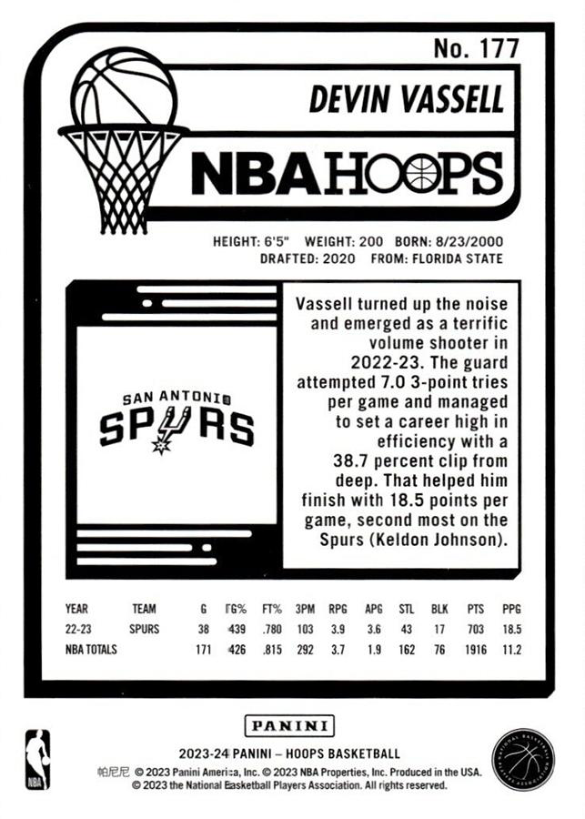 2023 Panini Hoops Devin Vassell #177 San Antonio Spurs