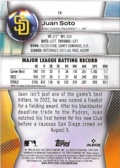 2023 Topps Bowman Platinum Juan Soto San Diego Padres #74