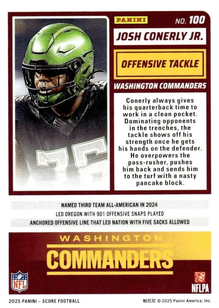 2025 Panini Score Josh Conerly Jr. RC #100 Washington Commanders
