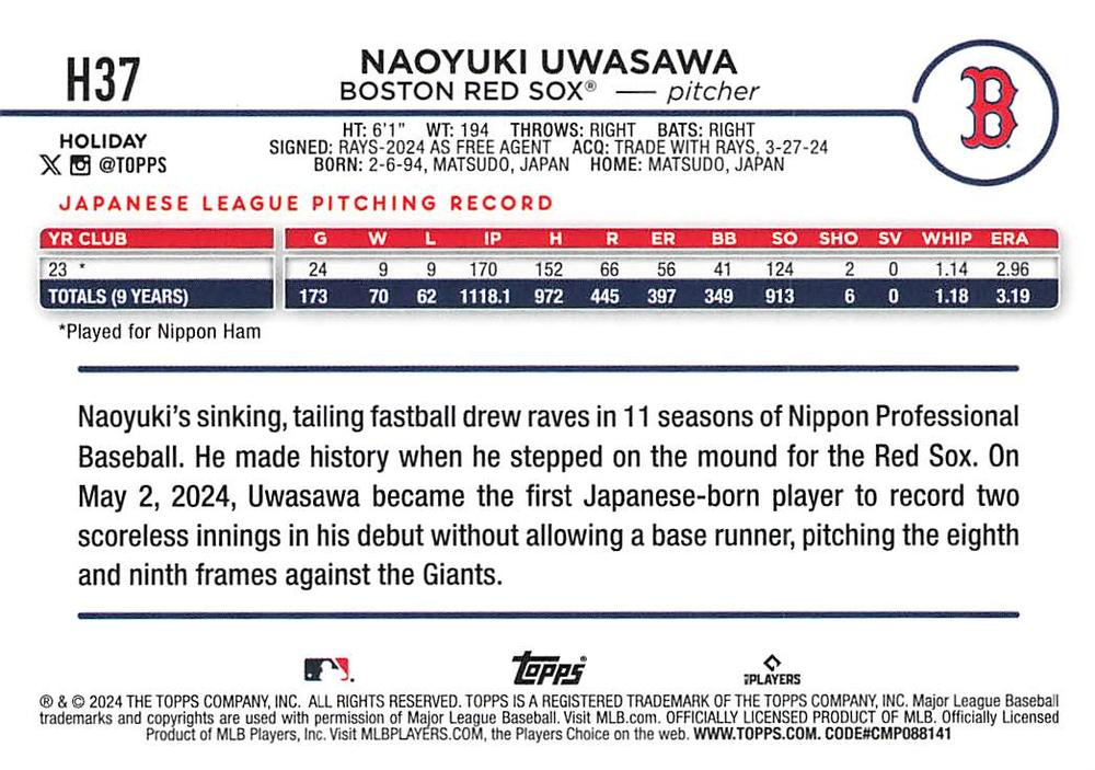 2024 Topps Holiday Naoyuki Uwasawa RC Boston Red Sox #H37