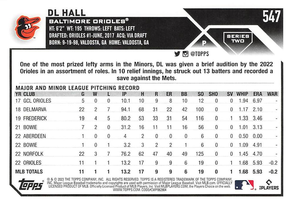 2023 Topps Series 2 DL Hall RC Baltimore Orioles #547