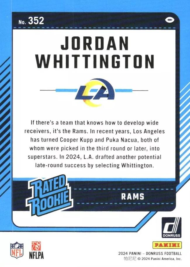 2024 Panini Donruss Jordan Whittington Rated Rookie RC #352 Los Angeles Rams