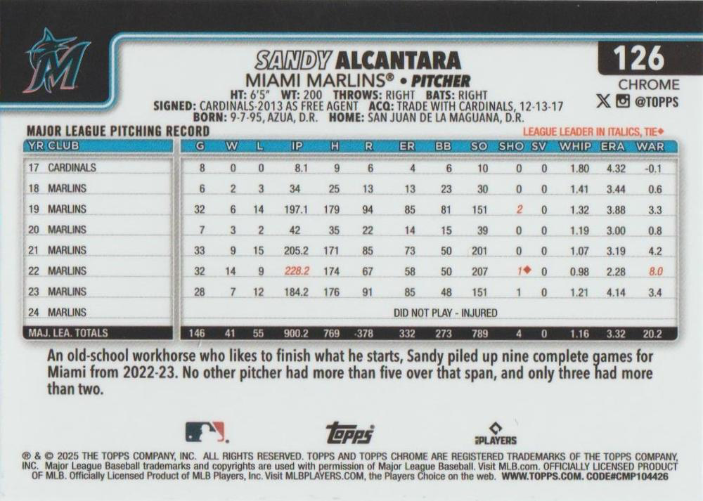 2025 Topps Chrome MLB Sandy Alcantara #126 Miami Marlins