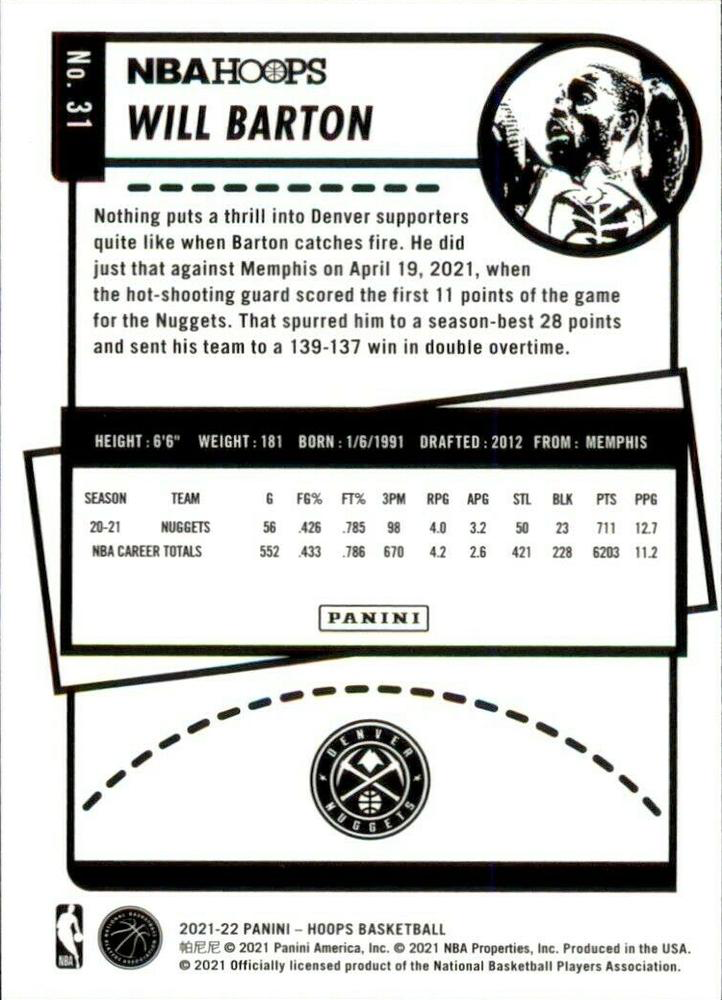 2021 Panini Hoops Will Barton #31 Denver Nuggets