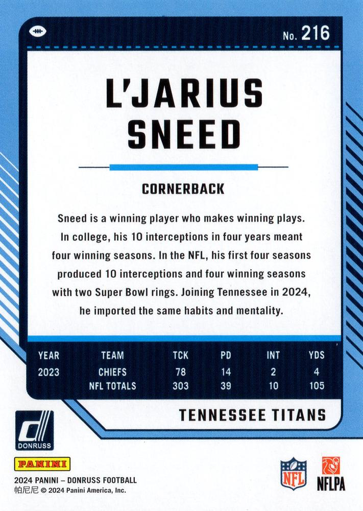 2024 Panini Donruss L'Jarius Sneed Tennessee Titans #216