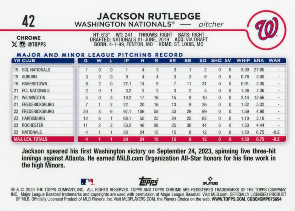 2024 Topps Chrome Jackson Rutledge RC Washington Nationals #42