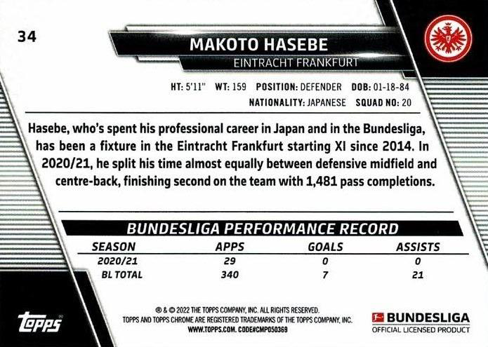 2021 Topps Chrome Bundesliga Makoto Hasebe #34 Eintracht Frankfurt