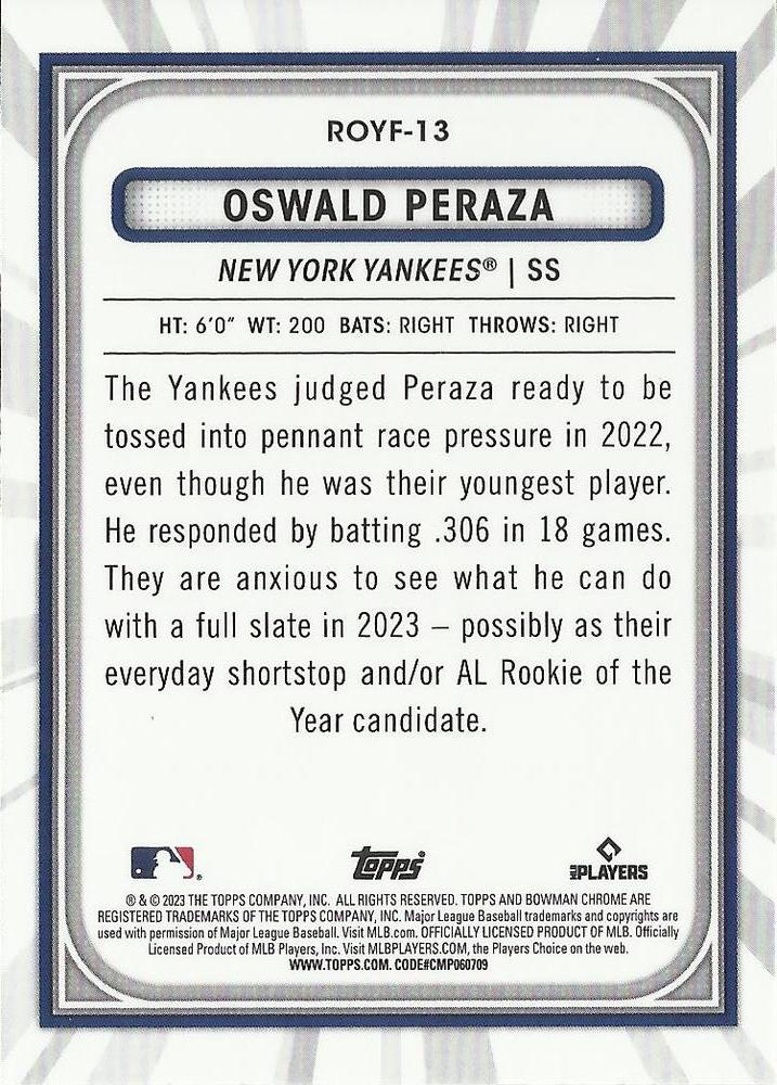 2023 Topps Bowman Chrome Rookie of the Year Favorites Oswald Peraza New York Yankees #ROYF-13