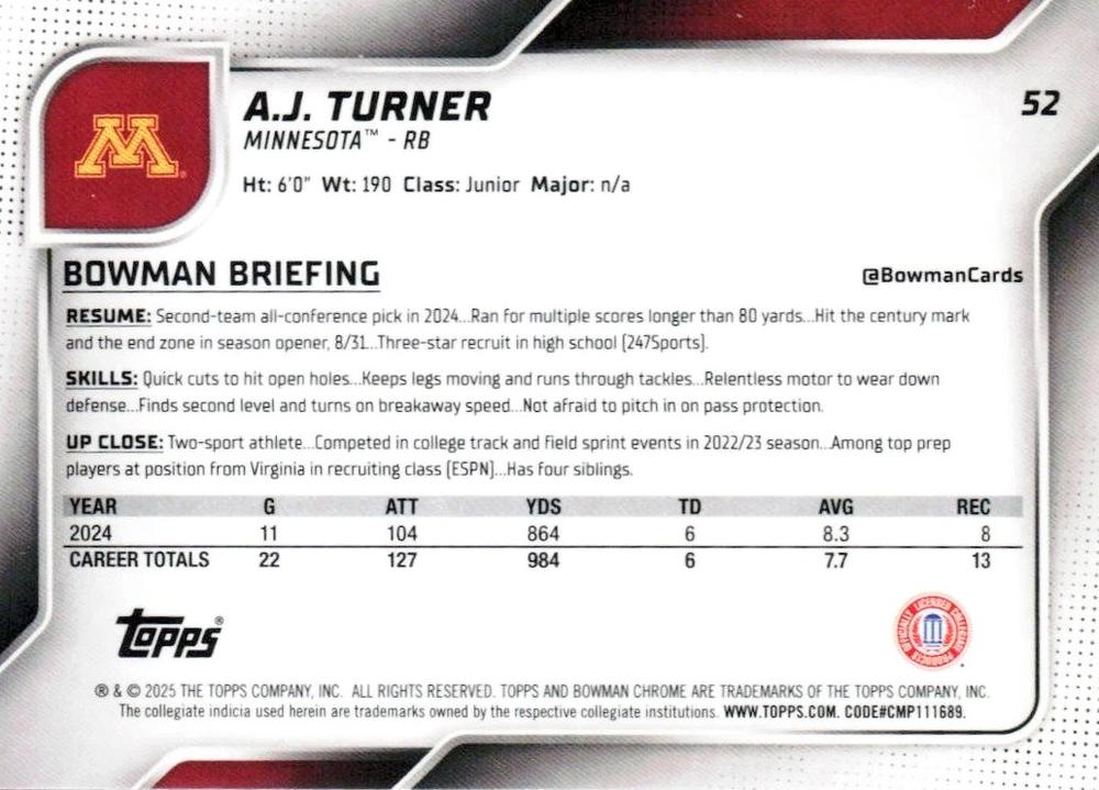 2025 Topps Bowman U Chrome A.J. Turner 1st #52 Minnesota Golden Gophers