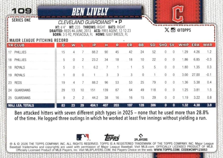 2026 Topps Series 1 Ben Lively #109 Cleveland Guardians