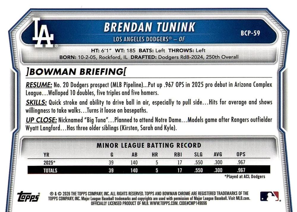 2026 Topps Bowman Chrome Mojo Prospects Brendan Tunink #BP-59 Los Angeles Dodgers