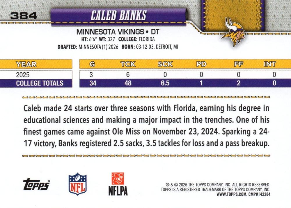 2026 Topps Flagship RC Caleb Banks #384 Minnesota Vikings