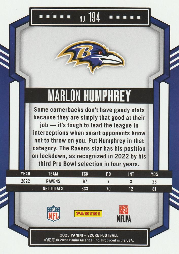 2023 Panini Score Football Marlon Humphrey Baltimore Ravens #194