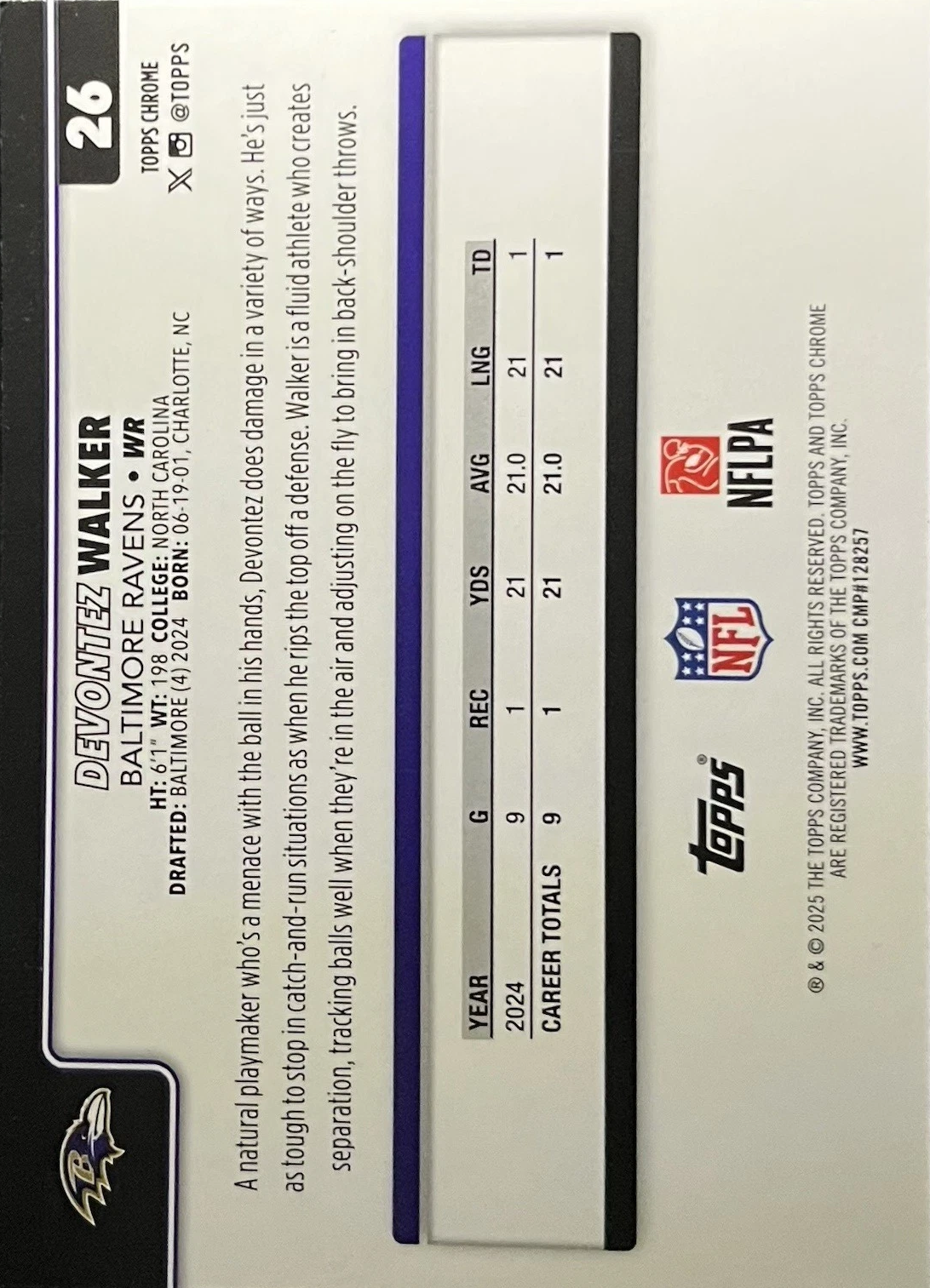 2025 Topps Chrome NFL Devontez Walker #26 Baltimore Ravens