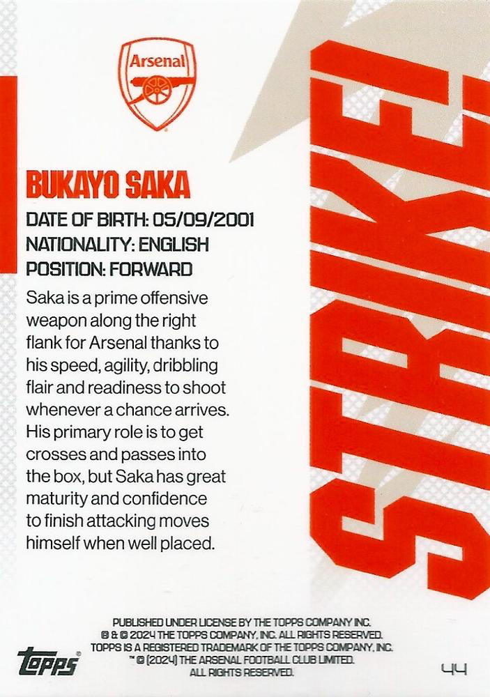 2023 Topps Arsenal Team Set Bukayo Saka Strike! #44 Arsenal FC