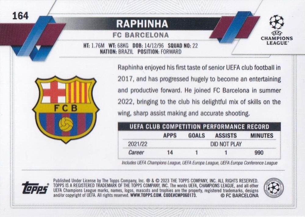 2022 Topps Chrome UCC Raphinha #164 FC Barcelona