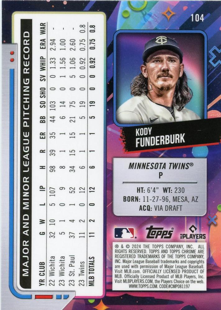 2024 Topps Cosmic Chrome Kody Funderburk RC Minnesota Twins #104