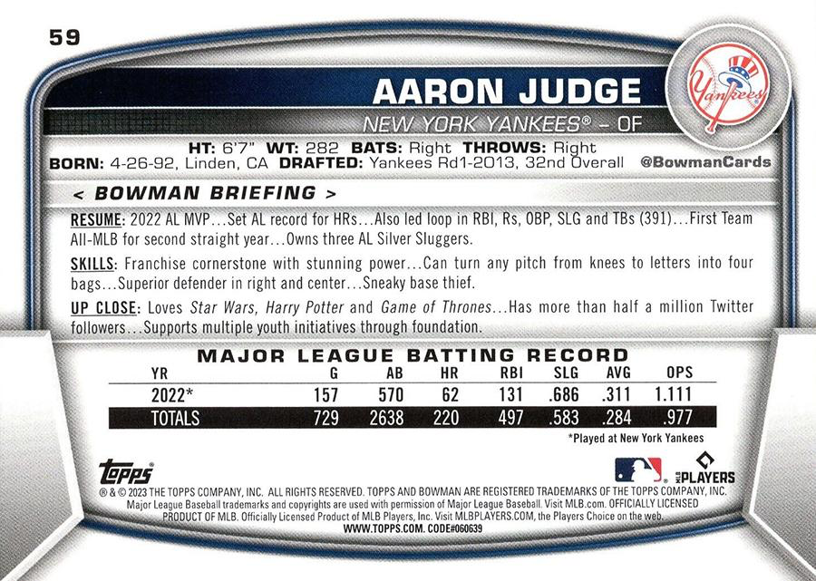2023 Topps Bowman Aaron Judge New York Yankees #59