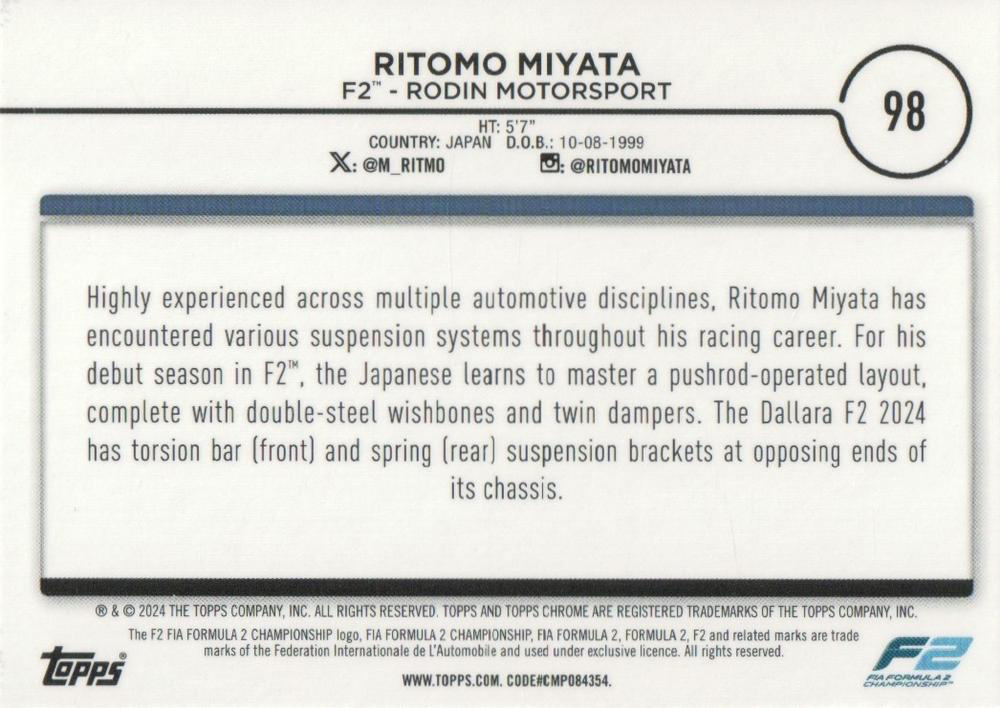 2024 Topps Chrome Formula 1 Ritomo Miyata F2C #98 Rodin Motorsport