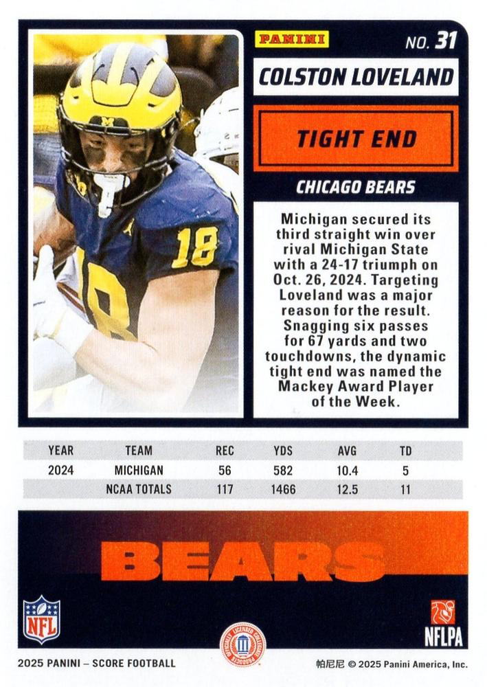 2025 Panini Score Colston Loveland RC #31 Chicago Bears