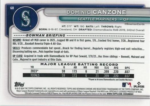 2024 Topps Bowman Chrome Dominic Canzone RC Seattle Mariners #60