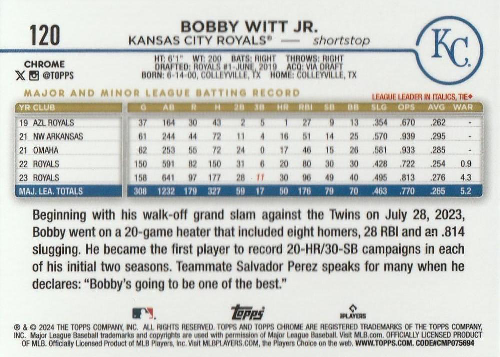 2024 Topps Chrome X-Fractor Parallel Bobby Witt Jr. Kansas City Royals #120