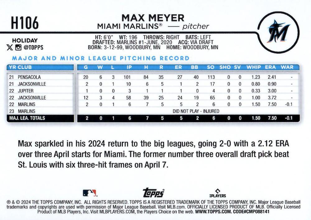 2024 Topps Holiday Max Meyer Miami Marlins #H106