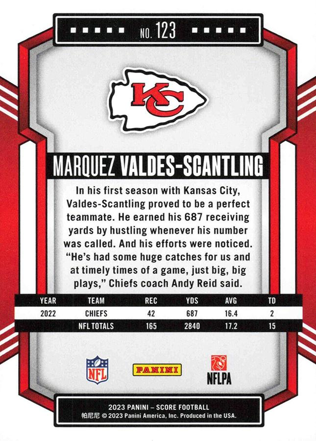2023 Panini Score Football Marquez Valdes-Scantling Kansas City Chiefs #123