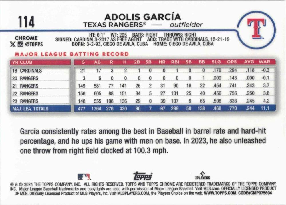 2024 Topps Chrome Adolis García Texas Rangers #114