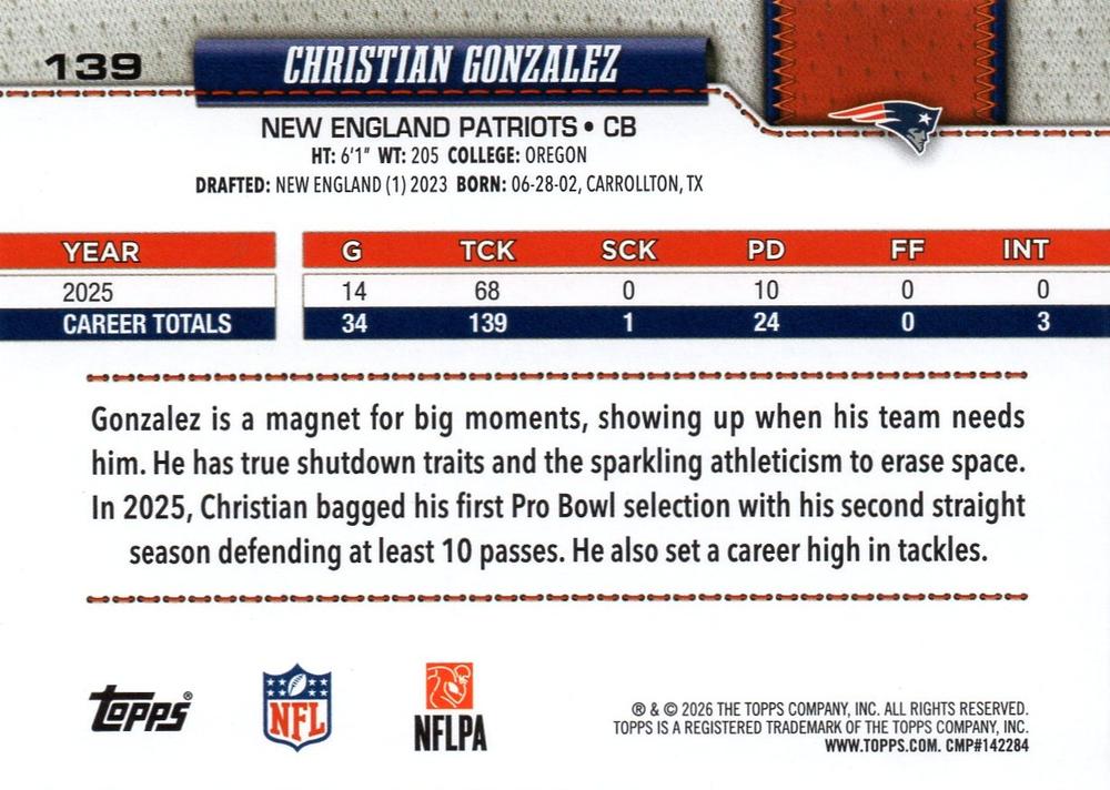 2026 Topps Flagship Christian Gonzalez #139 New England Patriots