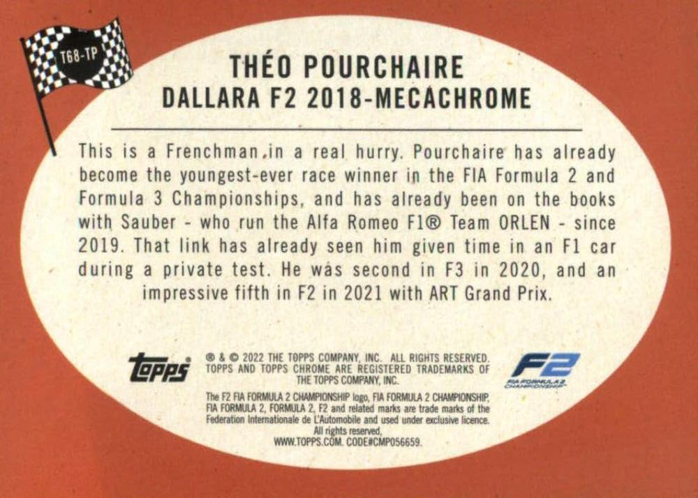 2022 Topps Chrome Formula 1 1968 Topps Hot Rods Théo Pourchaire #T68-TP Art Grand Prix F2