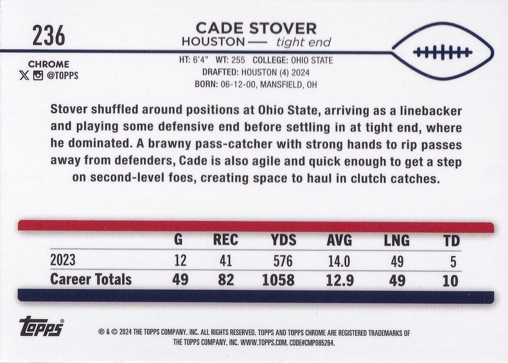 2024 Topps Chrome Football Cade Stover RC #236 Houston Texans
